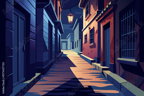 Evening in the old town shows buildings and a streetlight casting shadows on the road making a beautiful background.