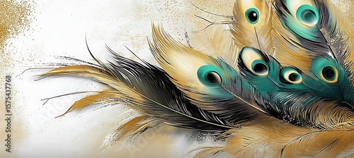 Decoração, quadro para parede, clássico, canvas penas e plumas douradas, pretas, marrons, verde em fundo claro. Design para quadros.


