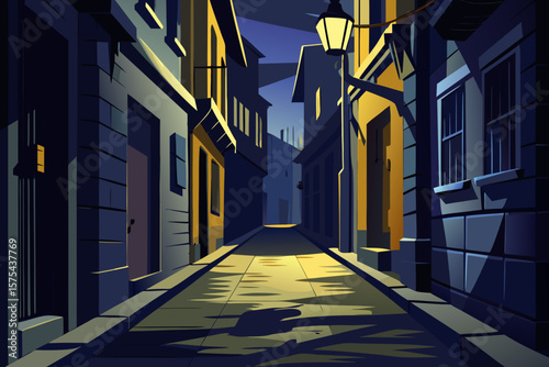 Atmospheric night scene shows an old city street with vintage buildings and a glowing lamppost, perfect for backgrounds or urban designs.