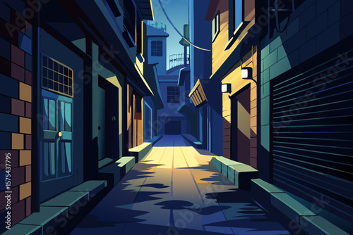 Explore a vibrant city backstreet bathed in cool blues and radiant golds, evoking a sense of mystery and urban exploration.
