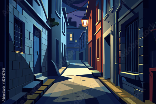 Explore a charming European street at night with glowing lamp, perfect for backgrounds and travel-themed designs.