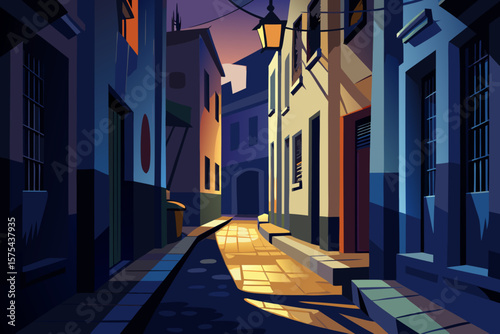 Atmospheric city street scene with warm lighting and charming building architecture, ideal for travel concepts or urban design.