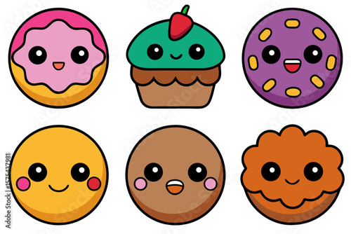 Cheerful collection of cute cartoon sweets suitable for children's designs, menus, branding, or playful graphics featuring a donut, cupcake, cookies, and pie.