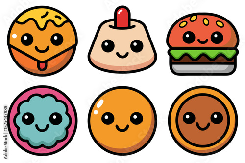 Sweet cartoon food treats present a delightful collection for menu icons, stickers, or fun educational materials with adorable food characters.