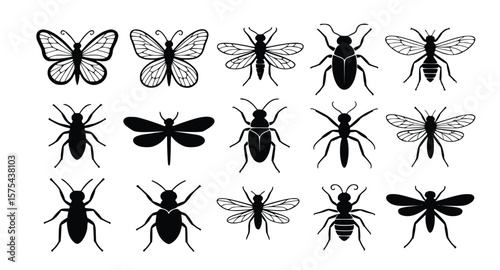 Collection of insect silhouettes showcases diverse butterflies, beetles, and other winged creatures