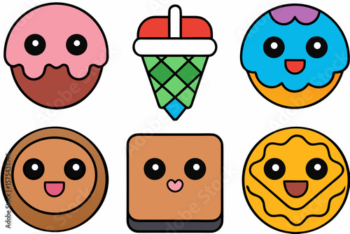 A delightful assortment of cute cartoon sweets, ideal for branding, icon design, or vibrant stickers featuring treats and confectioneries.