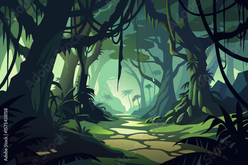 Lush jungle scene with trees, pathway, and dense foliage, perfect for backgrounds or environmental designs offering a serene and wild feeling.