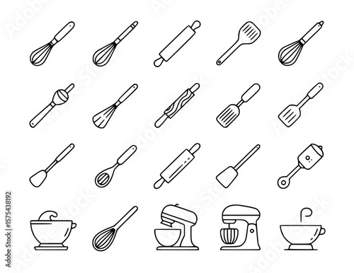 Essential kitchen tools are illustrated in a set for baking and cooking, including mixer, whisk, rolling pin, and spatula, silhouette