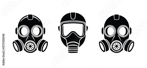Three black gas masks rendered as vector icons symbolize safety and protection in dangerous environments, silhouette