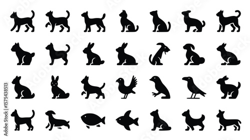 Various animal silhouettes are arranged neatly on a plain backdrop, showing a diverse set of animal species
