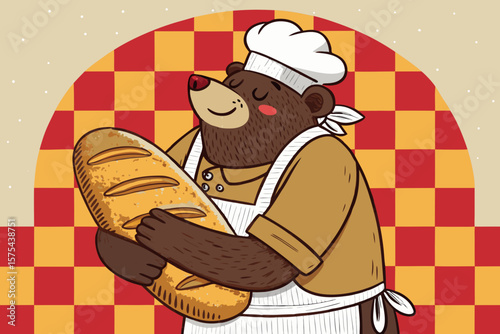 Brilliant Bear Baker Hugging Bread Loaf Bold Checkered - Bold and Striking Visual Story Excellent fo