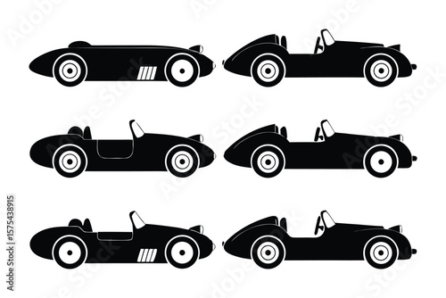 Classic Cars: A collage showcasing six sleek classic cars, rendered in high-contrast black silhouette, evoking a sense of timeless elegance and automotive history.
