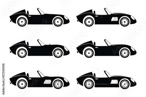 Classic Car Silhouette: A set of six sleek black convertible cars, meticulously designed with detailed silhouettes, represent timeless automotive elegance.
