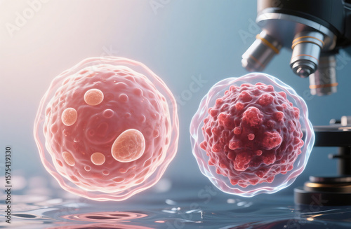 3D Render of Healthy Cell and Cancer Cell Under Microscope