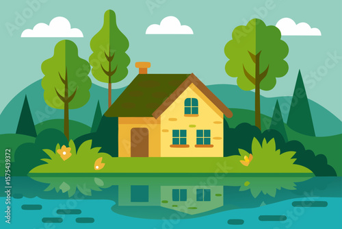 Cottage house in a vibrant forest landscape with a whimsical touch, perfect for a nature-inspired design