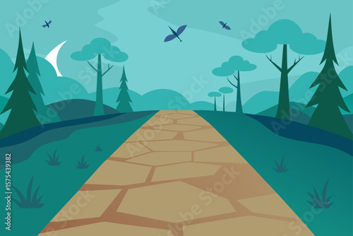 A vibrant cartoon illustration depicts a scenic summer landscape with a winding road leading through a green forest, past a river, towards the horizon, beneath a bright blue sky