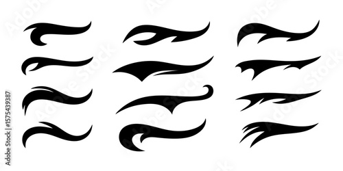 Vector black sport tails. Swoosh silhouette elements for baseball, football or athletics lettering. Baseball swoosh text tails. Sports underline curly shapes set. Swirl lines, swish or swash shapes.