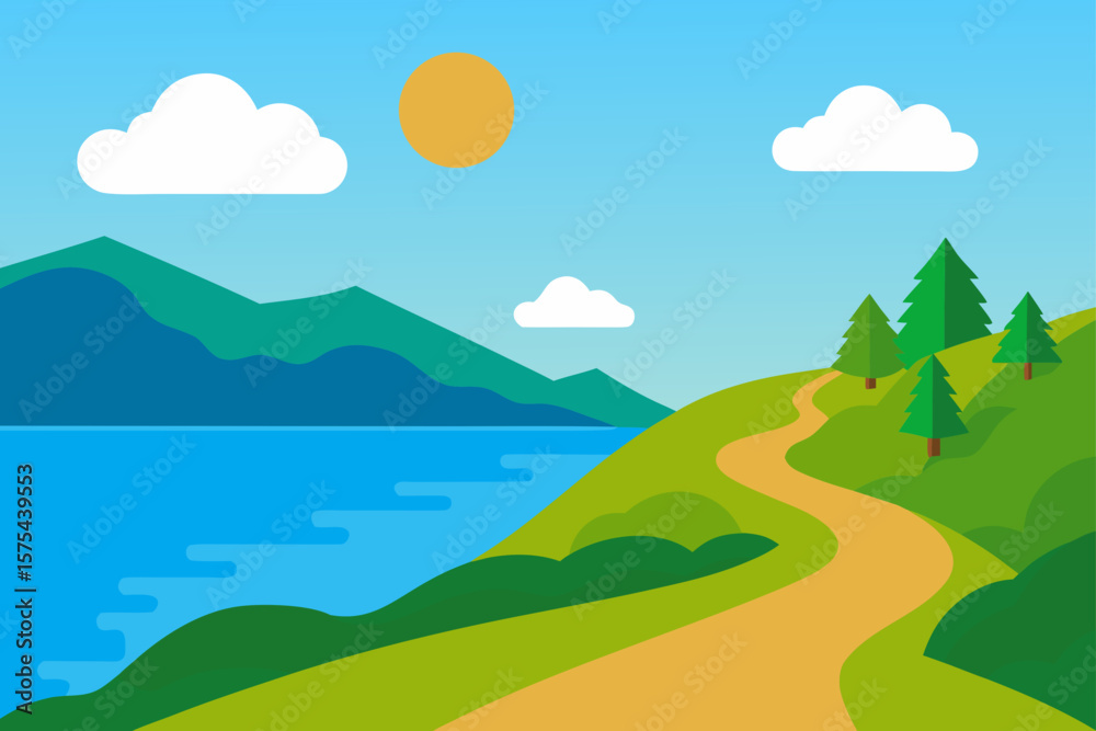 Fototapeta premium Vibrant summer mountain landscape with blue sky, green fields, and distant hills