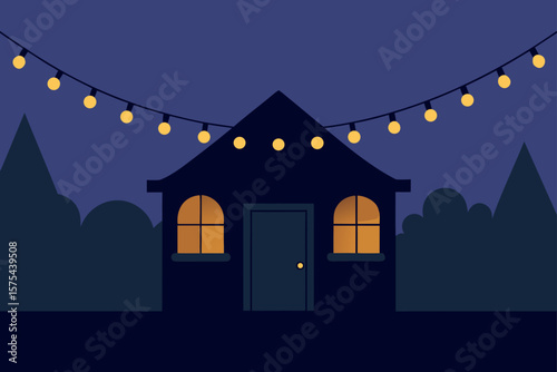 A haunted house silhouette on a dark hill with a full moon and stars in the night sky, featuring architectural details and a lone tree, perfect for a Halloween illustration