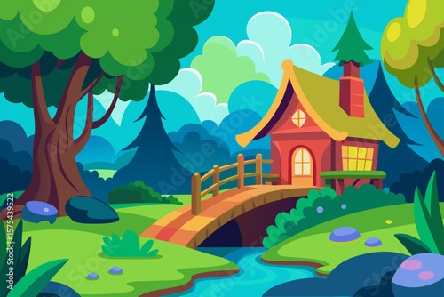 A charming cartoon fairy tale castle and house nestled in a green summer rural landscape with trees and a blue sky