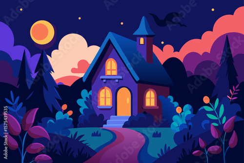Dark house in a moonlit forest illustration perfect for a haunted Halloween night