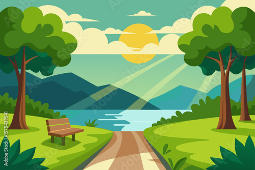 Lush summer landscapes feature trees, rivers, and lakes under a vibrant sky, illustrating the serene beauty of nature