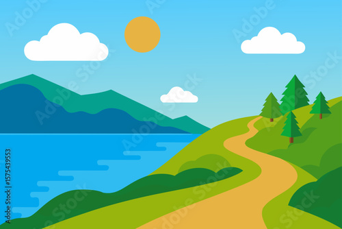Vibrant summer mountain landscape with blue sky, green fields, and distant hills