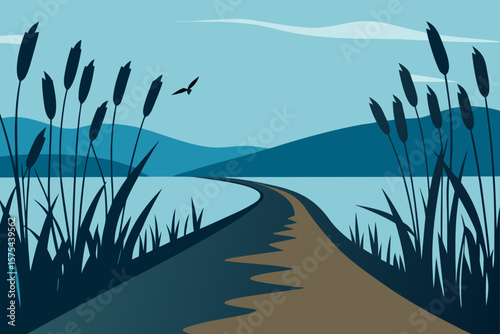 Landscape illustration with green reeds, grass, and water, featuring a summer sky and floral elements