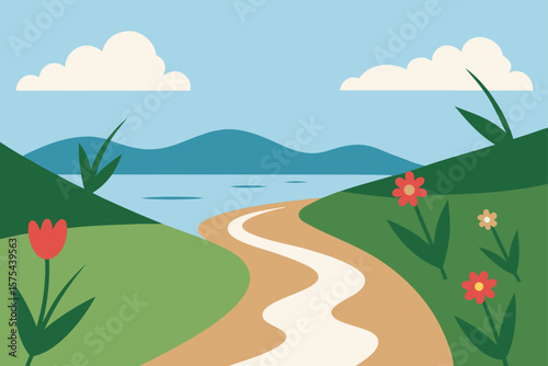 A vibrant summer landscape featuring a serene lake with majestic mountains, lush green meadows, and a clear blue sky dotted with fluffy clouds