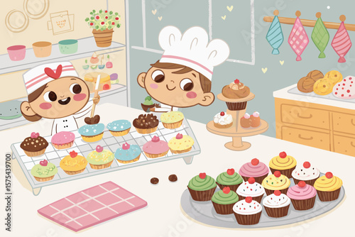 Exquisite Chibi Bakers Frosting Cupcakes Kitchen - Rich and Luxurious Visual Story Perfect for Socia