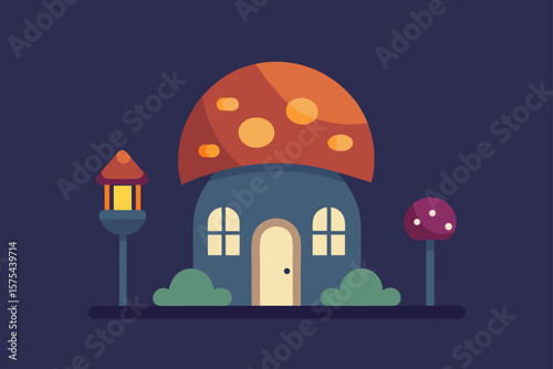 A lone cartoon house silhouette stands on a hill against the night sky, its windows glowing under the moon, a symbol of a village home