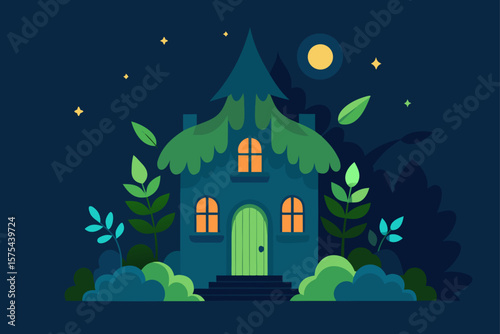 Spooky Halloween house on a dark hill with a full moon and silhouetted trees