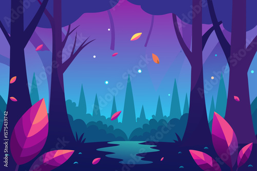 Night landscape with silhouetted trees under a dark, starry sky with moonlight