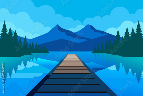 Serene mountain lake landscape with reflections of snow-capped peaks and blue sky