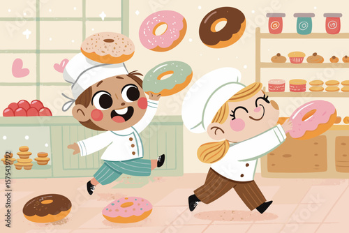 Captivating Chibi Bakers Playing Catch with Jelly Fille - Mysterious and Intriguing Visual Story Per