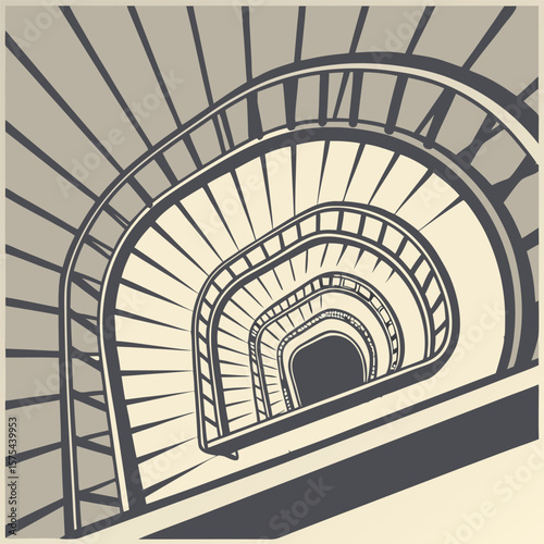 Aerial view of a spiral staircase with gray steps and railings leading down to a dark opening