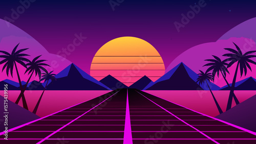 Golden sunrise or sunset landscape over the sea, beach, or desert with sky, clouds, and a lone palm tree silhouette