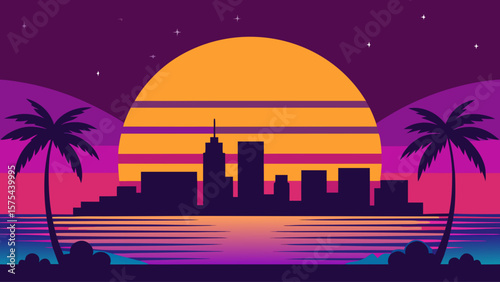 Dynamic urban skyline silhouette at dusk with illuminated city buildings