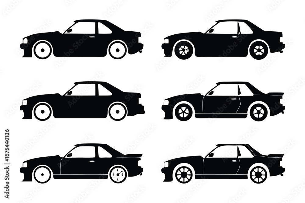 Fototapeta premium Silhouette Car Collection: A sleek array of six modern car silhouettes in black, perfect for illustrating automotive design or transport concepts. 