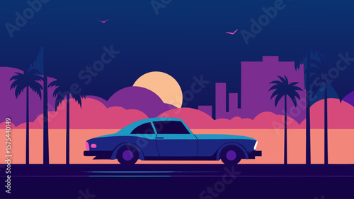 Classic car driving on a summer beach road at sunset