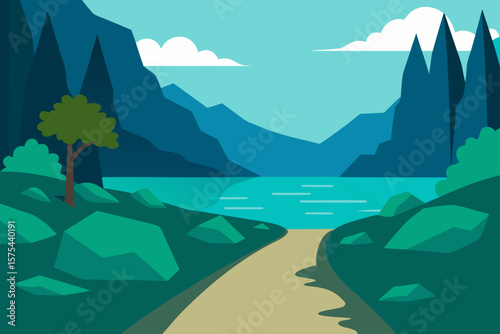 Serene mountain lake landscape with a clear blue sky reflecting the majestic peaks and surrounding nature