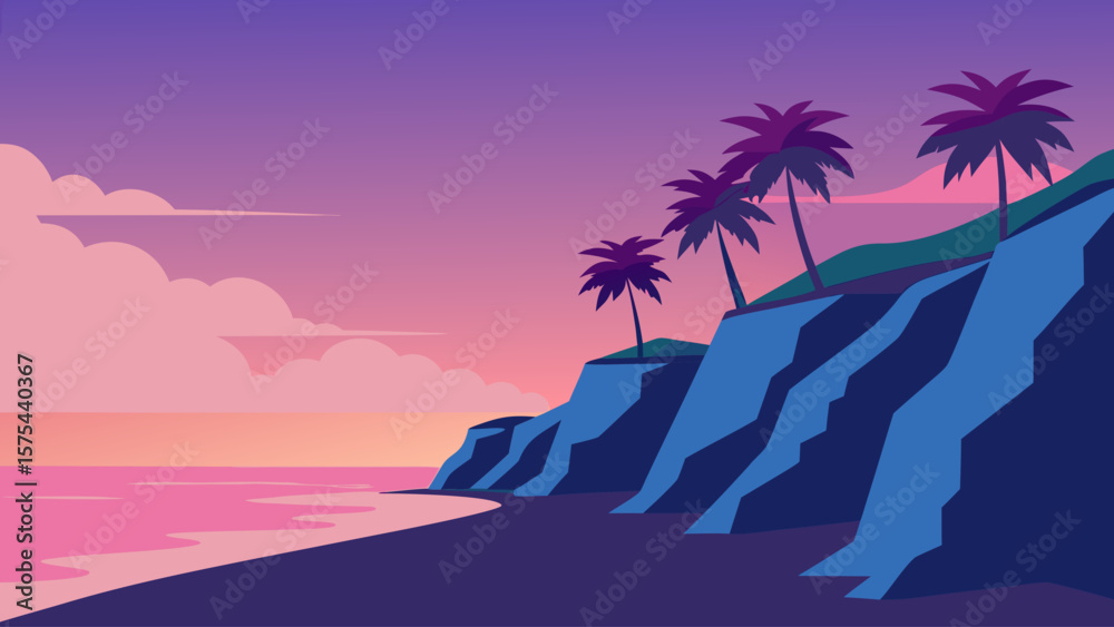 Obraz premium Golden sunset illuminates a tropical beach with silhouetted palm trees against a vibrant sky over the ocean