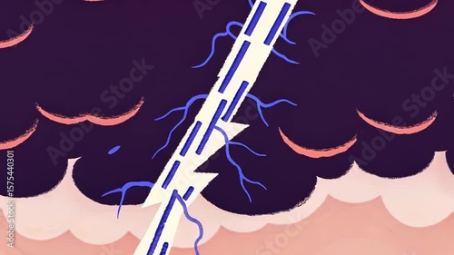 A stylized lightning bolt pierces dark clouds, descending towards a peach-toned landscape. Retro Vintage Abstract Paint Animation Looping Background.