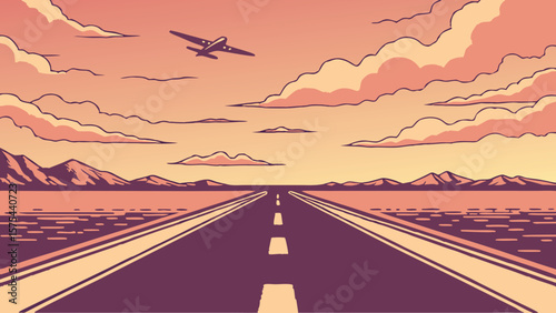 Illustration of a plane flying over a road leading to mountains under a cloudy sky at sunset time