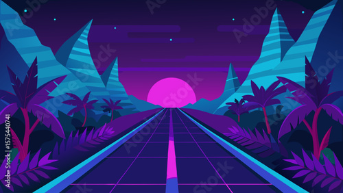 Retro Sunset Highway 80s Synthwave Landscape Art
