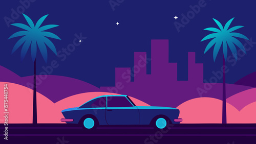 Night Drive Retro Car on a Desert Highway under a Starry Sky