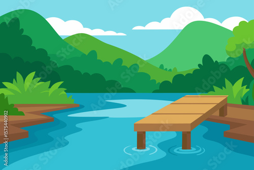 Serene Lakeside Vista Tranquil Wooden Dock and Lush Mountain Scenery