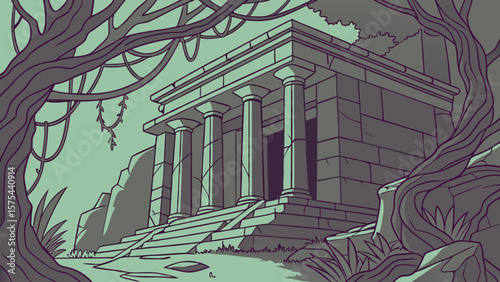 Ancient temple with columns and stone steps surrounded by jungle vines and lush vegetation view