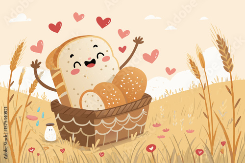 Wonderful Cute Bread Character Waving From Basket Surrou - Warm and Inviting Visual Story Perfect fo