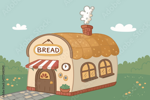 Exceptional Cute Bread Shaped Building with Open Sign and Ste - Calm and Tranquil Visual Story Great